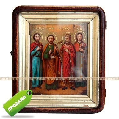 Старинная икона Святой царь Давид, псалмопевец со святыми покровителями семейного счастья. Россия 19 век.