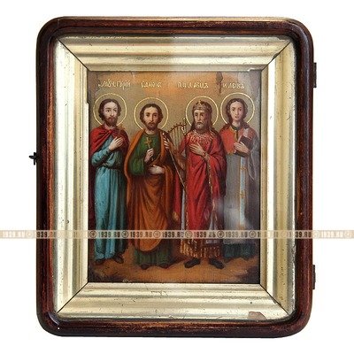 Старинная икона Святой царь Давид, псалмопевец со святыми покровителями семейного счастья. Россия 19 век.