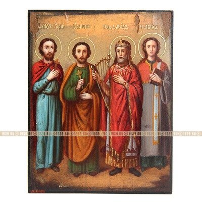 Старинная икона Святой царь Давид, псалмопевец со святыми покровителями семейного счастья. Россия 19 век.