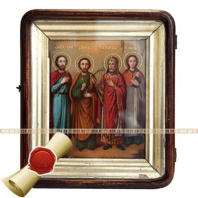 Старинная икона Святой царь Давид, псалмопевец со святыми покровителями семейного счастья. Россия 19 век.