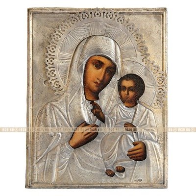 Старинная икона в серебряном окладе Иверская Божья Матерь 
