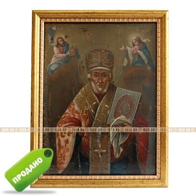 Старинная икона Святой Николай Чудотворец или Никола Угодник, в раме с музейным стеклом. Россия 1850-1860 гг.