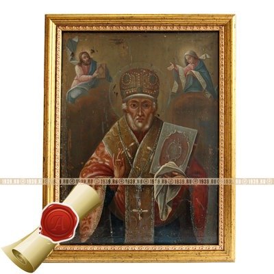 Старинная икона Святой Николай Чудотворец или Никола Угодник, в раме с музейным стеклом. Россия 1850-1860 гг.