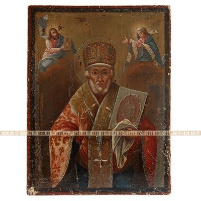 Старинная икона Святой Николай Чудотворец или Никола Угодник, в раме с музейным стеклом. Россия 1850-1860 гг.