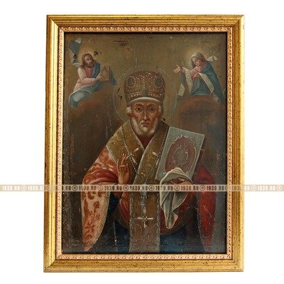 Старинная икона Святой Николай Чудотворец или Никола Угодник, в раме с музейным стеклом. Россия 1850-1860 гг.
