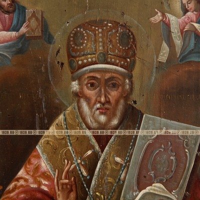 Старинная икона Святой Николай Чудотворец или Никола Угодник, в раме с музейным стеклом. Россия 1850-1860 гг.