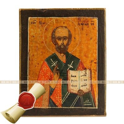 Cтаринная небольшая икона святой Николай Чудотворец на золотистом фоне. Россия 1850-1870 гг.