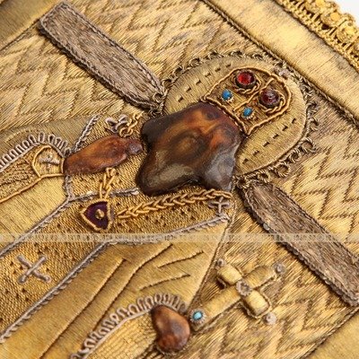 Красивейшая старинная икона Святитель Дмитрий Ростовский в расшитом золотой нитью окладе. Россия 1850-1860 гг.