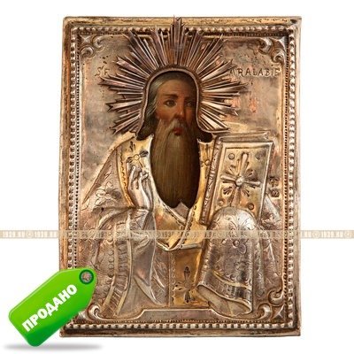 Старинная икона в серебряном окладе для финансового благополучия Священномученик чудотворец Харлампий. Метеорский Монастырь Святого Стефана 1870-1880 гг.