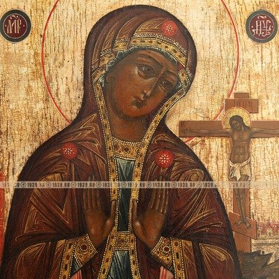 Старинная икона Божией Матери «Плач при Кресте» с орудиями страстей и приписными святыми на полях. Россия, Поволжье 1850-1860 гг.