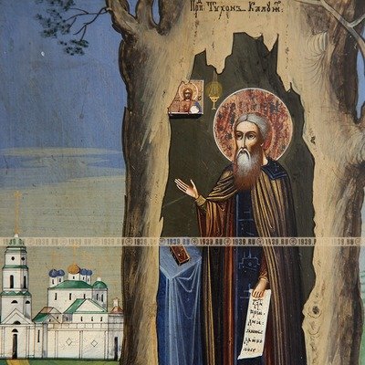 Старинная икона Святого Тихона Калужского Чудотворца, на фоне построек монастыря. Россия 1850-1860 год