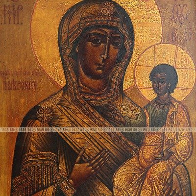 Старинная Иверская икона Пресвятой Богородицы с приписными Сергием Радонежским и Пантелеимоном. Россия, Москва 1880 год.