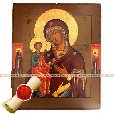 Старинная икона Божией Матери именуемой Троеручица с золотой ручкой. Россия, Гуслицы 1850-1860 гг.