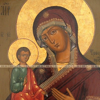 Старинная икона Божией Матери именуемой Троеручица с золотой ручкой. Россия, Гуслицы 1850-1860 гг.