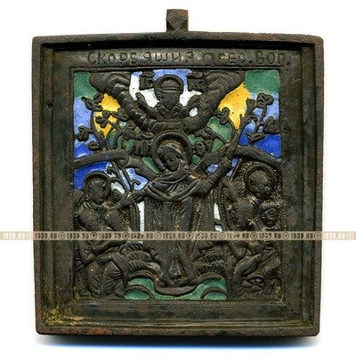 Старинная литая бронзовая иконка Божья Матерь Всех Скорбящих радость. Эмаль.