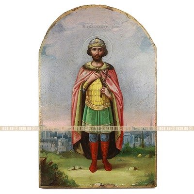 Антикварная именная икона святой князь Михаил Тверской в позолоченной раме. Россия 1850-1900 год