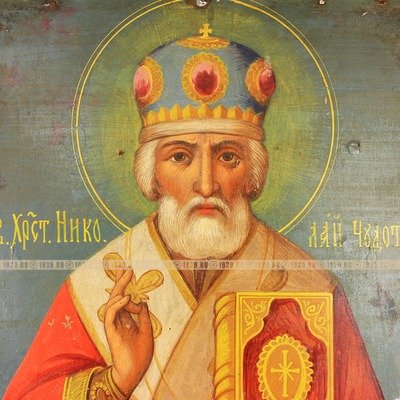 Старинная деревянная живописная икона Николай Чудотворец в изводе Никола Зимний. Россия 1870-1900 год