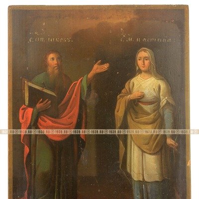 Старинная православная икона Святой апостол Иаков и святая Анастасия Римская. Россия 1850-1880 год