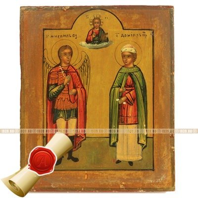 Старинная икона святой Архангел Михаил и святой Великий пророк Даниил, в комплекте старинный киот. Россия 1870-1900 год