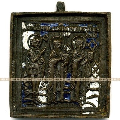 Старинная иконка образок 19 века Святые Власий, Антипа и Георгий. Эмаль.