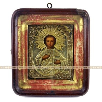 Старинная икона святой великомученик Пантелеимон целитель, икона в латунном окладе и в оригинальном киоте. Россия 1870-1890 год