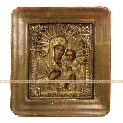Старинная Тихвинская икона Божией Матери в латунном окладе и в старинной рамке. Россия 1870-1890 год