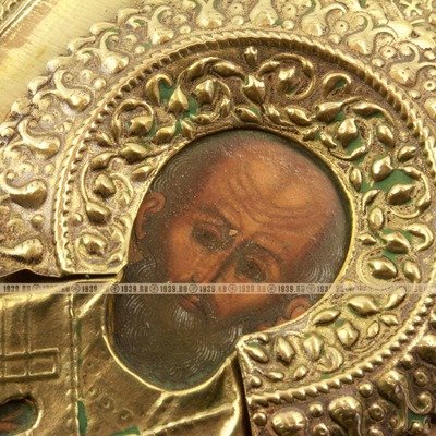 Старинная икона в латунном окладе святитель Николай Чудотворец. Россия, Мстёра 1880-1900 год