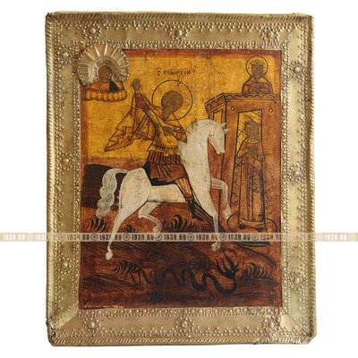 Старинная икона с образом Святого Георгия Победоносца, поражающего копием змия. Россия 1870-1890 год