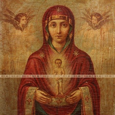 Старинная печатная икона Богородицы Слово Плоть Бысть, Албазинская икона Божией Матери. Россия 1870-1900 год