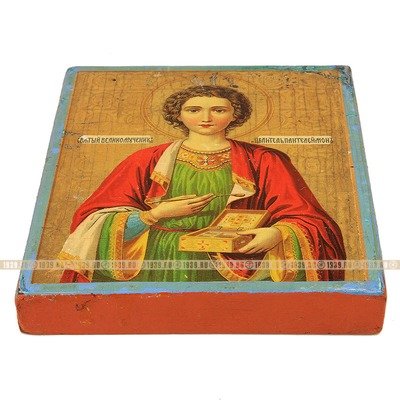 Старинная печатная паломническая икона святой Пантелеимон Целитель с благословением Святой Афонской Горы. Греция, Афон 1880-1900 год
