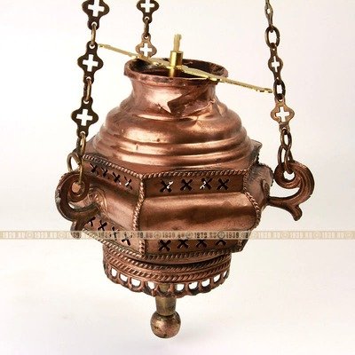 Старинная медная подвесная лампада для иконы, с клеймом мастерской Д. Андреева. Россия 1870-1900 год