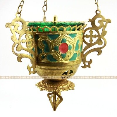 Старинная металлическая подвесная лампада со стеклянным стаканом. Россия 1890-1917 год