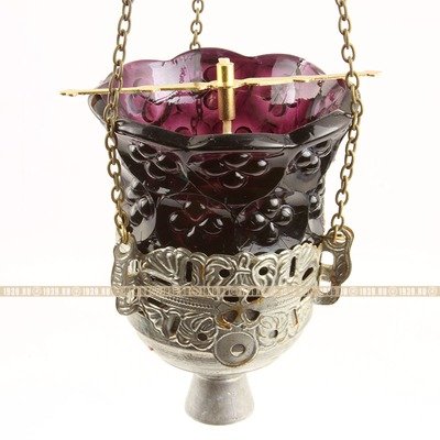 Старинная подвесная лампада с красивым и необычным стеклянным сиреневым стаканом. Россия 1880-1900 год
