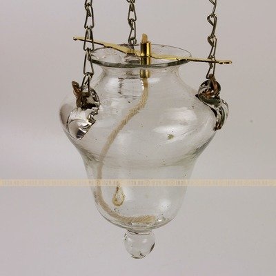 Старинная стеклянная лампада из прозрачного стекла, на подвесе, ручная работа. Россия 1870-1900 год