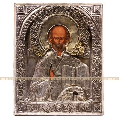 Старинная икона на серебре и в латунном окладе святитель Николай Чудотворец, Никейское Чудо. Россия 1870-1900 год