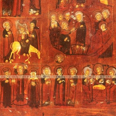Старинная живописная икона 12 Церковных Праздников, икона в латунном окладе и оригинальном киоте. Россия 1860-1900 год