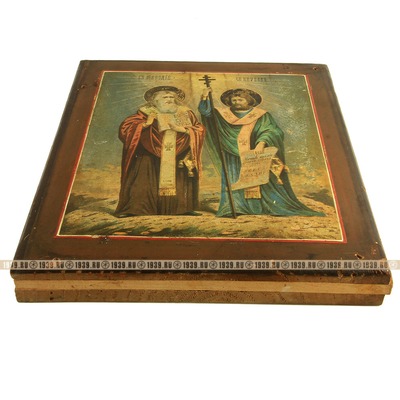 Старинная печатная икона святые Кирилл и Мефодий - святые помощники в учении. Россия 1885 год