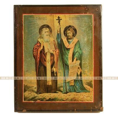Старинная печатная икона святые Кирилл и Мефодий - святые помощники в учении. Россия 1885 год