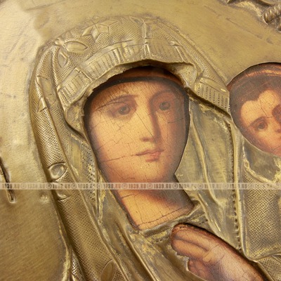 Старинная Казанская икона Божией Матери в латунном окладе. Россия 1890-1900 год