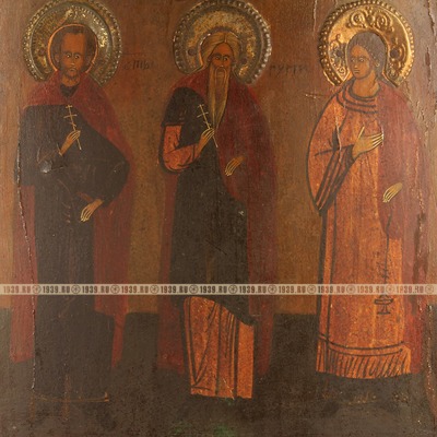 Старинная икона святые покровители семьи и брака Самон, Гурий и Авив, икона в латунном басменном окладе. Россия 1880-1900 год