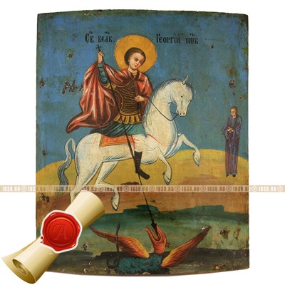 Старинная щепная икона из частной коллекции святой Георгий Победоносец. Россия, Холуй 1860-1880 год