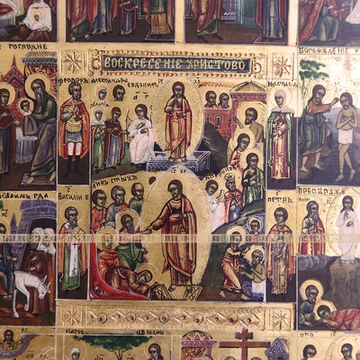 Старинная живописная икона 12 Главных Церковных Праздников, домашний иконостас. Россия, Палех 1860-1880 год