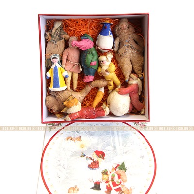 Подарочный набор редких старинных ватных елочных игрушек в красивой новогодней коробке. Необычный подарок на Новый Год или Рождество. СССР 1930-1936 год