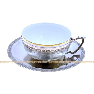 Старинная кофейная чашка из серебра в комплекте с серебряным блюдцем, кофейная пара №1. Подарок руководителю и кофеману. Португалия, Лиссабон 1885-1914 год