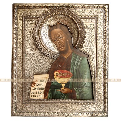 Старинная крупноформатная икона святой Иоанн Предтеча, в латунном окладе. Россия, Москва 1850-1870 год