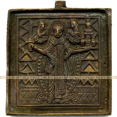 Старинная литая икона Святой Николай Чудотворец Можайский с мечом и замком. С оборотом.
