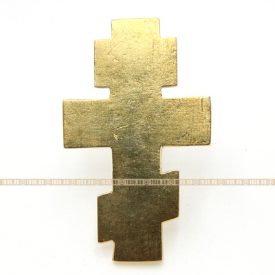 Позолоченный малый врезной киотный крест, трехцветная эмаль, футляр. Россия, Выговская обитель 1800-1830 год