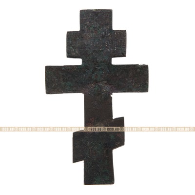 Старинный бронзовый киотный крест с текстом прославления Животворящего Креста Господня на обороте. Россия 1780-1830 год