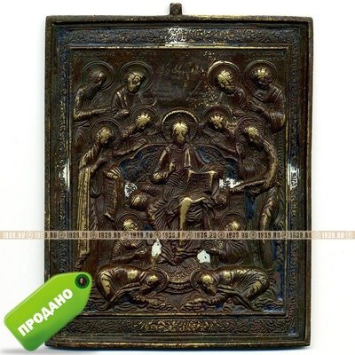 Большая старинная бронзовая икона Седмица. Эмаль.