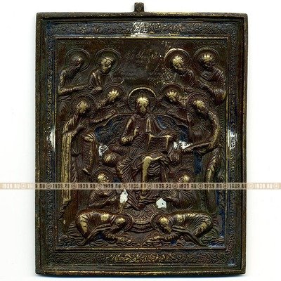 Большая старинная бронзовая икона Седмица. Эмаль.